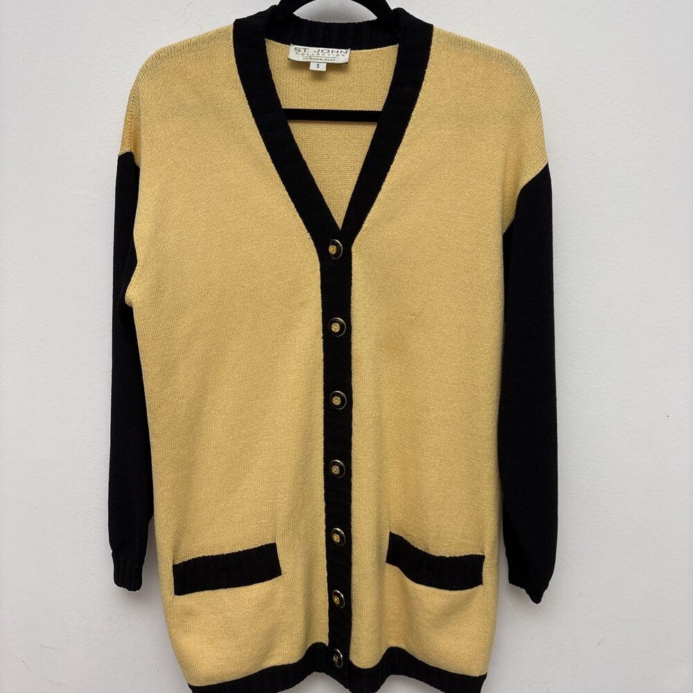 St. John Collection Knit Cardigan Sweater, Yellow W/ Navy Sleeves, Women’s Small
